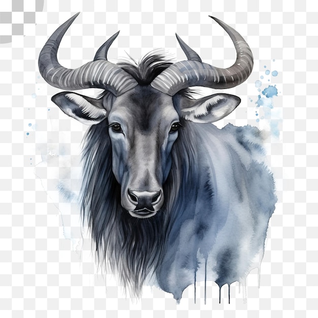 PSD watercolor painting of a blue wildebeest with a blue background