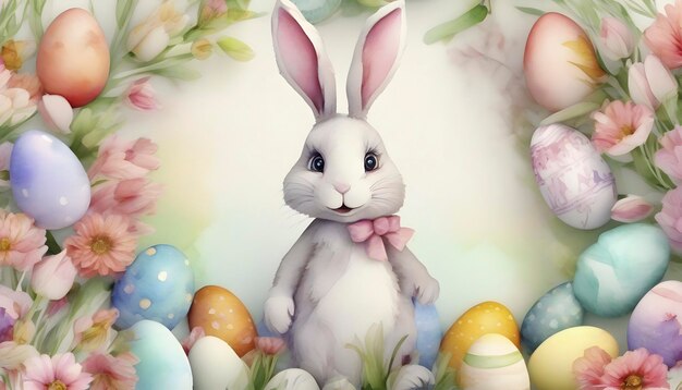 PSD watercolor painting of a cute easter bunny with eggs