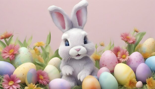 PSD watercolor painting of a cute easter bunny with eggs