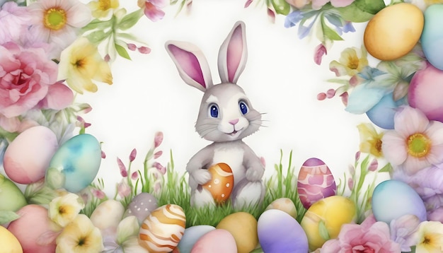 PSD watercolor painting of a cute easter bunny with eggs