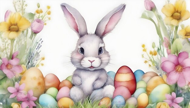 PSD watercolor painting of a cute easter bunny with eggs