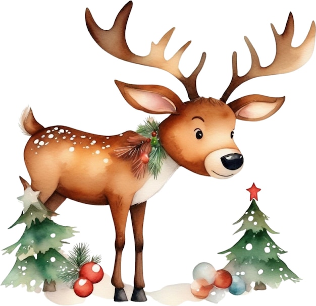 PSD watercolor painting of cute reindeer with a christmas theme aigenerated