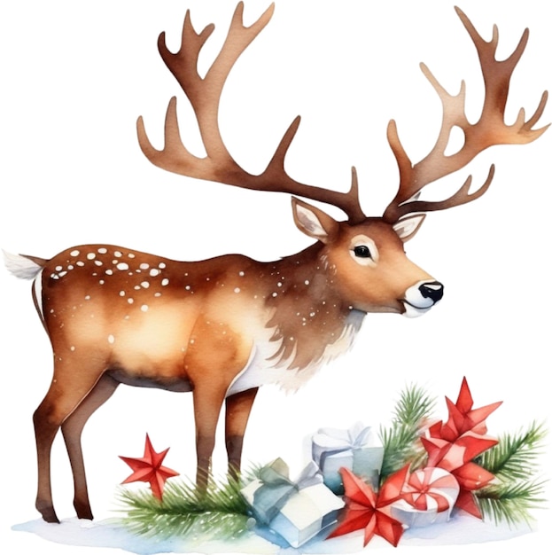 PSD watercolor painting of cute reindeer with a christmas theme aigenerated