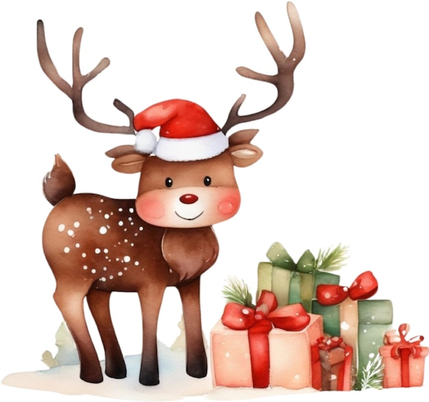 PSD watercolor painting of cute reindeer with a christmas theme aigenerated