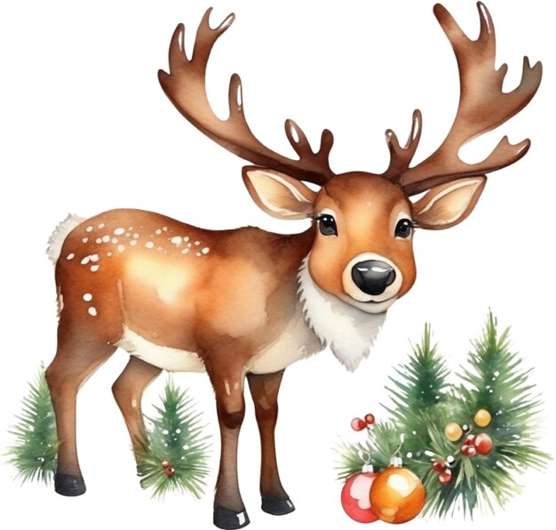 PSD watercolor painting of cute reindeer with a christmas theme aigenerated