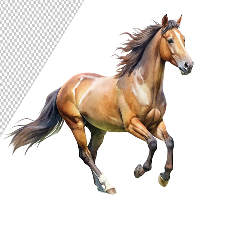 PSD watercolor painting of horse running in a field isolated on transparent background