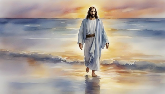 PSD watercolor painting of jesus christ walking on water in an impressionist style