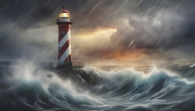 PSD watercolor painting of a lighthouse in the middle of the ocean