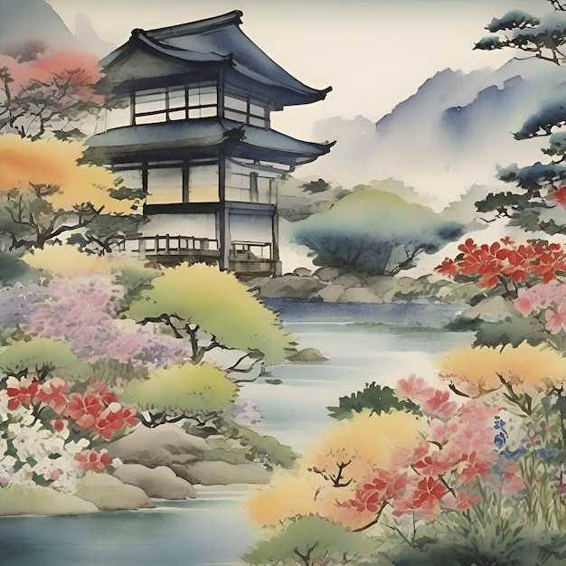 PSD Акварельная картина сада диких цветов в стиле традиционной японской живописи