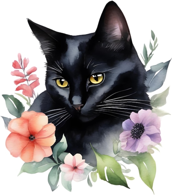 PSD 花の猫の水彩画 (aigenerated)