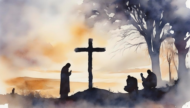 PSD watercolor painting of people praying in front of the cross