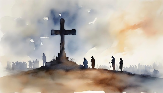 PSD watercolor painting of people praying in front of the cross