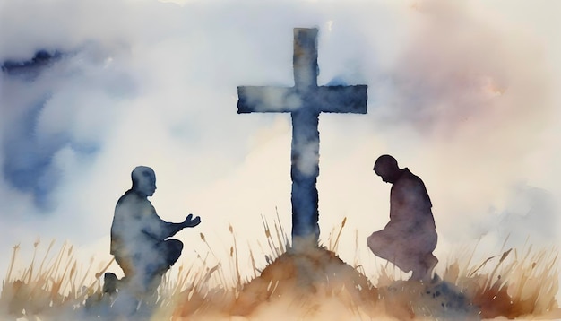 PSD watercolor painting of people praying in front of the cross