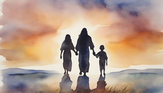 Watercolor painting of people holding hands with jesus christ