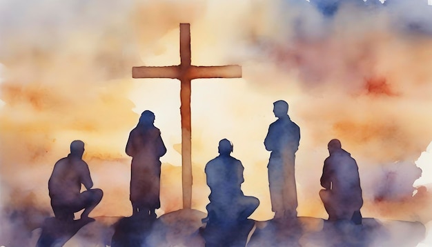 Watercolor painting of people praying in front of the cross