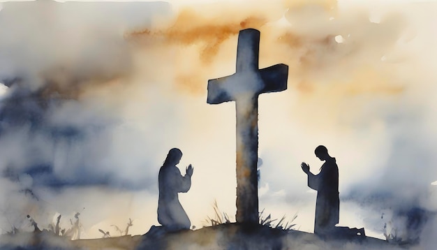 PSD watercolor painting of people praying in front of the cross