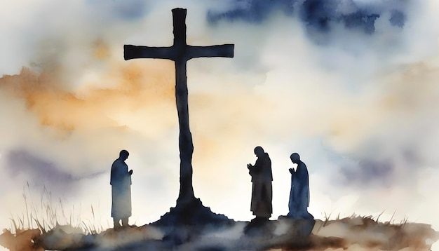 Watercolor painting of people praying in front of the cross