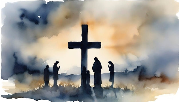 PSD watercolor painting of people praying in front of the cross