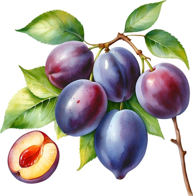 PSD watercolor painting of a plum fruit with leaves