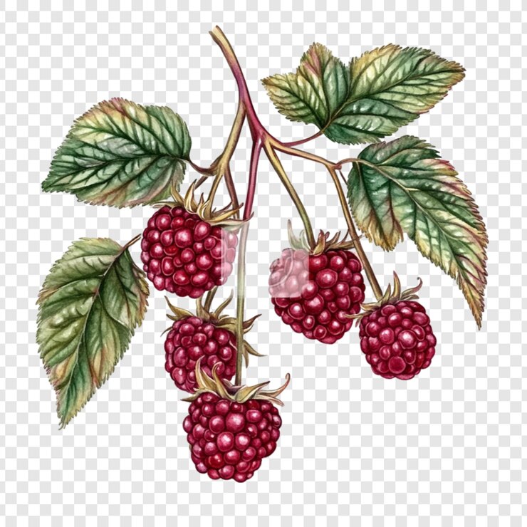 PSD watercolor painting of raspberries on a branch with green leaves showing ripe red berries and detailed foliage