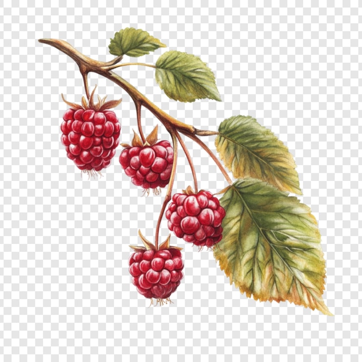 PSD watercolor painting of raspberries on a branch with leaves