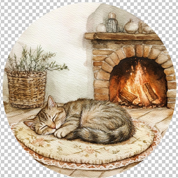 PSD a watercolor painting shows a cozy fireside on transparent background