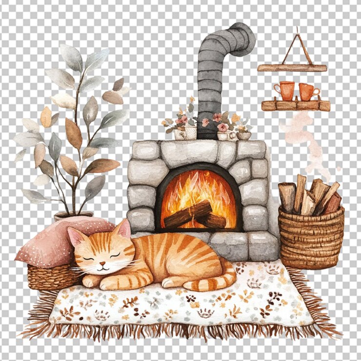 PSD a watercolor painting shows a cozy fireside on transparent background