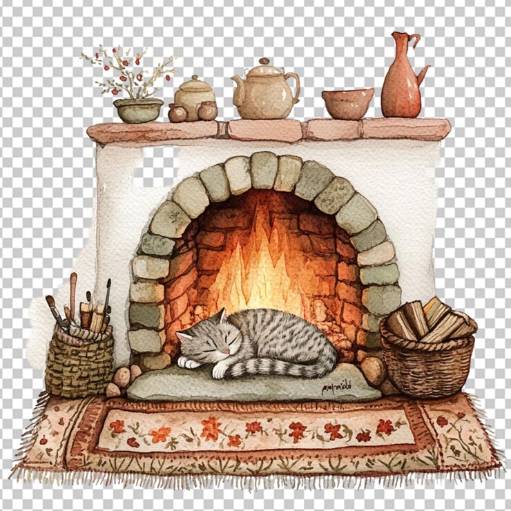 PSD a watercolor painting shows a cozy fireside on transparent background
