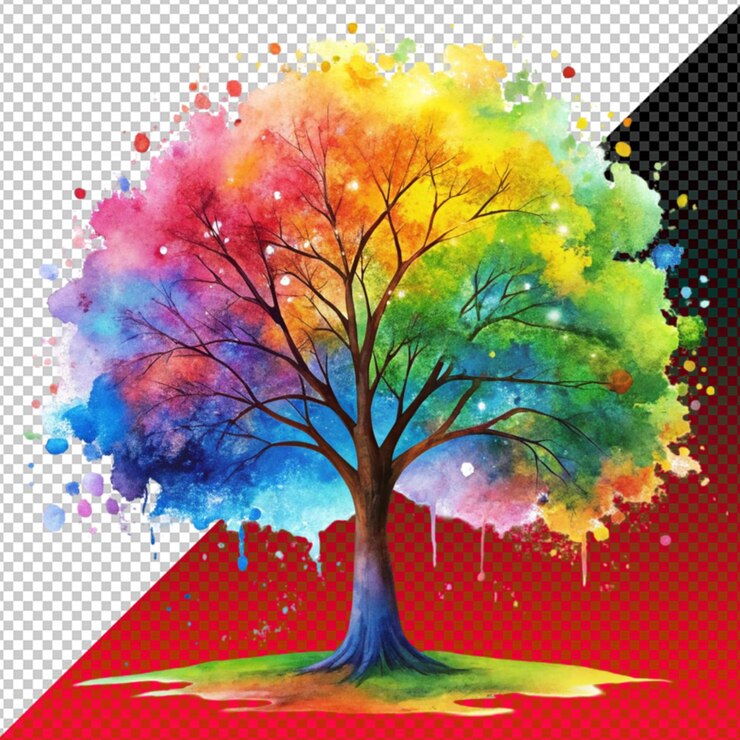 PSD a watercolor painting of a tree with the colors on transparent background