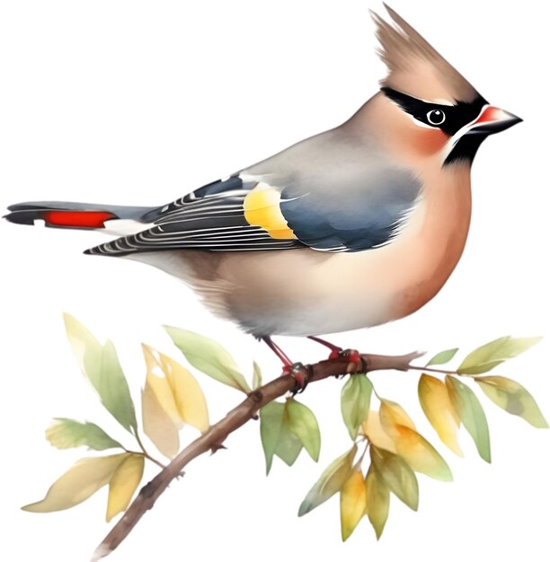 PSD watercolor paintings of colorful bohemian waxwing birds aigenerated