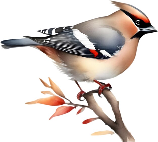 PSD watercolor paintings of colorful bohemian waxwing birds aigenerated