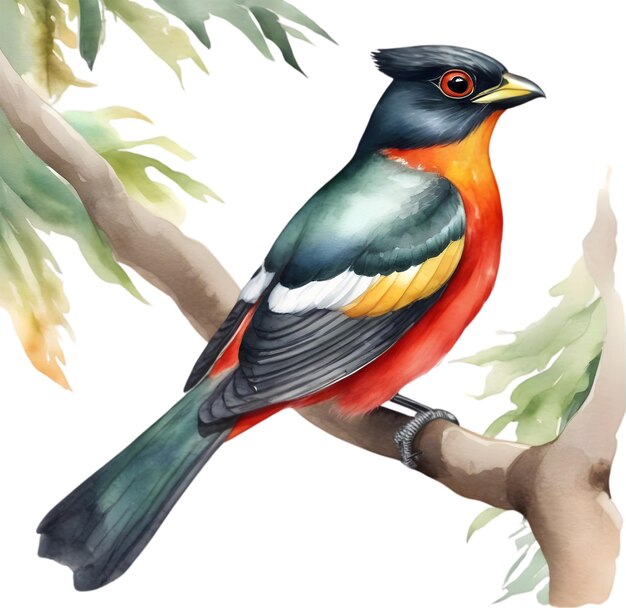 Watercolor paintings of colorful elegant trogon birds aigenerated