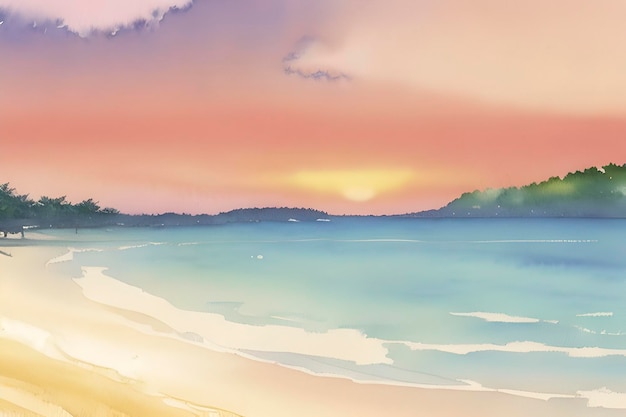 PSD 美しいビーチや島の水彩画