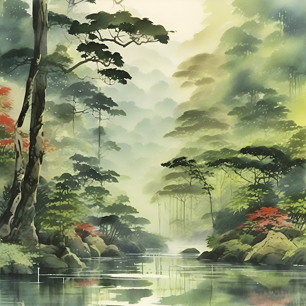PSD 전통적 일본 회화 의 스타일 에 따른 열대 우림 의 수채화 그림