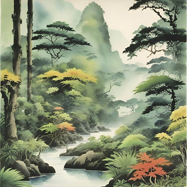 Акварельные картины тропических лесов в стиле традиционной японской живописи
