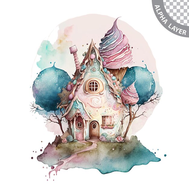 PSD watercolor pastel fairytale candy house