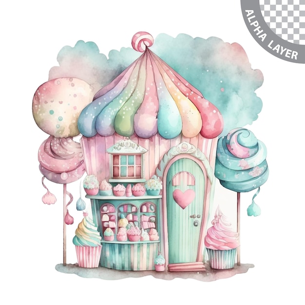 PSD watercolor pastel fairytale candy house