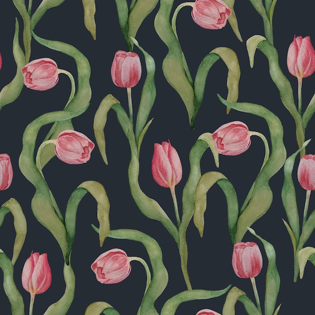 PSD watercolor pink red tulips on dark background seamless pattern