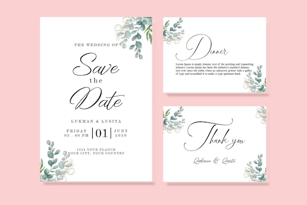 Watercolor pink roses wedding invitation card set premium psd