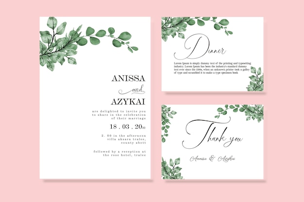 PSD watercolor pink roses wedding invitation card set premium psd