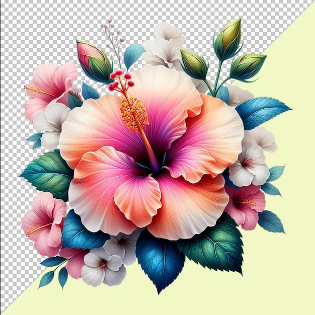 PSD watercolor pink and white hibiscus flower transparent background