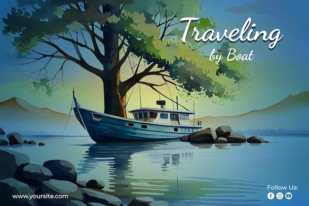 ボートで川を旅する水彩ポスター デザイン