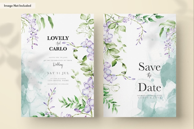 PSD watercolor purple and violet lilac flowers invitation card