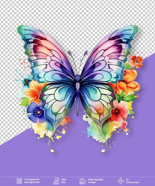 Watercolor rainbow floral butterfly transparent background