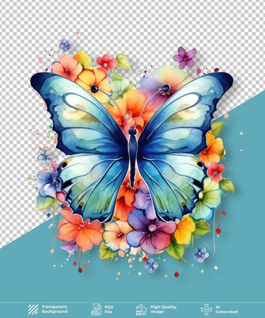 PSD watercolor rainbow floral butterfly transparent background