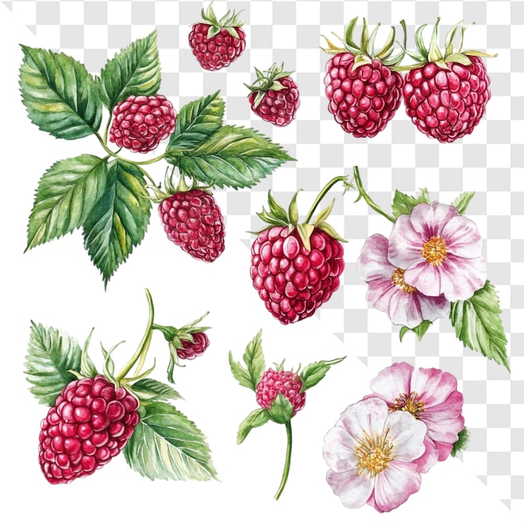 PSD watercolor raspberries and delicate pink flowers vibrant summer bounty