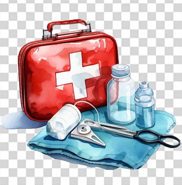 PSD watercolor red first aid kit with a stethoscope png transparent