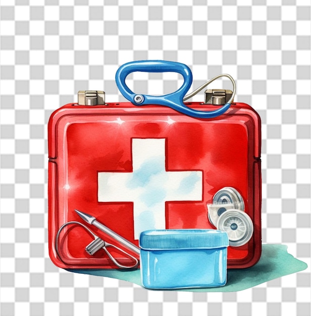 PSD watercolor red first aid kit with a stethoscope png transparent