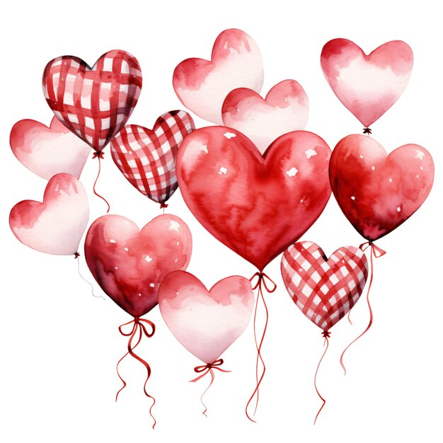 PSD watercolor red heart balloons bunch