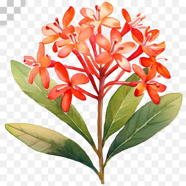 PSD watercolor red ixora flower isolated red tropical